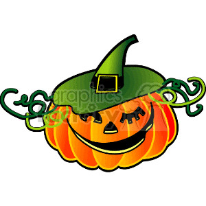 The image depicts a stylized Halloween pumpkin with a friendly, carved jack-o'-lantern face. The pumpkin is wearing a witch's hat, which is green with a black belt and golden buckle. It also has green vines or tendrils curling out from the sides, adding to its festive appearance.