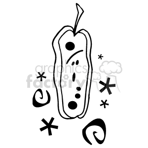 This is a simple black and white clipart image of a Halloween pumpkin. The pumpkin appears to be tall and narrow with a carved face that includes an expression with three oval-shaped eyes and a curved mouth, giving it somewhat of a spooky or whimsical look. The pumpkin has a stem protruding from the top. Surrounding the pumpkin, there are various small doodles that include stars and swirls, adding to the festive theme.