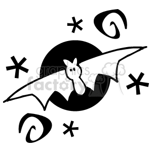 The clipart image features a whimsical cartoon-style bat with a cute expression, set against a background with various decorative elements that evoke a nocturnal or Halloween theme. The bat has large wings and is in mid-flight among stylized stars and swirls.