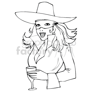 The clipart image depicts a stylized representation of a person wearing a large-brimmed hat and a mask, which might suggest a costume or a festive outfit. The person is also smiling and holding a glass, potentially indicating a celebration or party atmosphere.