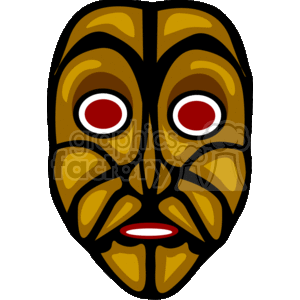 The image is a stylized artistic representation of an African mask typically associated with cultural celebrations. The mask features prominent eyes with red pupils, a symmetric design with abstract patterns in shades of gold and black, and a small red mouth.