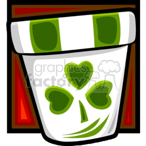 The clipart image features a decorative pot with 3-leaf clovers, associated with St. Patrick's Day. The pot is primarily white, adorned with green 3-leaf clovers, and appears to sit against a black background with red accents in the corners.