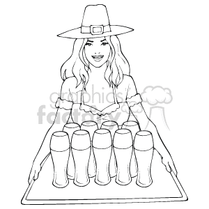 This is a black and white line drawing of a woman carrying a tray with several glasses, which could be beer glasses. She is wearing a hat with a buckle, potentially suggesting a theme related to Irish or Saint Patrick's Day festivities. Her attire also appears to be celebratory or possibly traditional for a beer-serving context, reminiscent of outfits that may be worn during Oktoberfest or similar festivals.