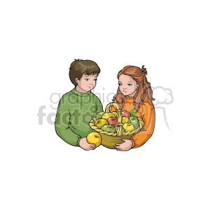 The clipart image displays a boy and a girl holding a basket full of colorful apples. It seems to evoke a sense of thanksgiving or autumnal abundance.