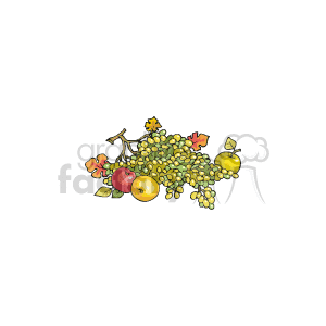 The clipart image shows a collection of grapes in a bunch, along with a red apple and a yellow apple, both typically associated with the fall season. There appears to be some autumn leaves interspersed with the fruits, which adds to the Thanksgiving or autumn harvest theme.