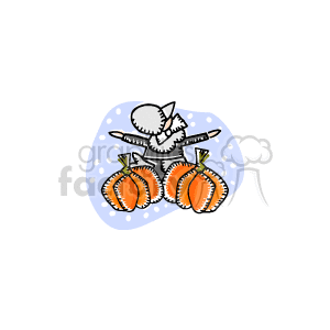 The clipart image depicts a figurine of a pilgrim alongside three orange pumpkins, which are traditional symbols associated with the Thanksgiving holiday.