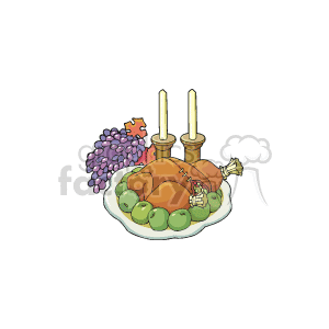 The clipart image portrays a typical Thanksgiving setting with a roasted turkey on a platter, surrounded by apples. In the background, there's a bunch of grapes and two candles set in candle holders, which adds to the festive atmosphere associated with a holiday dinner.