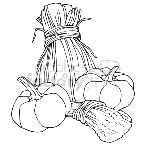 The clipart image depicts a bundle of wheat or sheaf tied together, with two pumpkins and an ear of corn. It's a black and white illustration, potentially used to represent Thanksgiving themes.