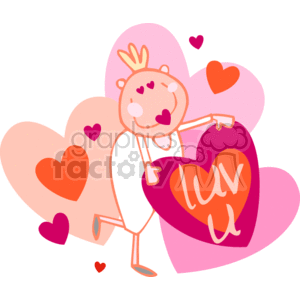 The clipart image depicts a whimsical, stylized young male or boy with a crown on his head, surrounded by a series of pink and red hearts. The largest heart, which the character is holding, has the stylized text luv u written inside, indicating a message of love. The festive colors and theme suggest that the image is meant to convey a sense of joy and affection related to Valentine's Day or similar holidays celebrating love and relationships.
