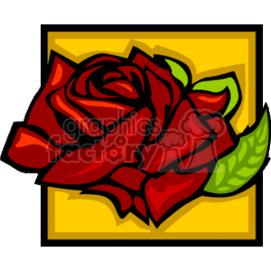 The clipart image contains a stylized red rose with green leaves against a yellow background. It is a simple yet vibrant representation of a rose, which is often associated with love and romance, making it suitable for holiday themes such as Valentine's Day.