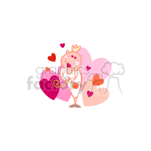 The image is a Valentine's Day-themed clipart featuring a cartoon-style figure resembling Cupid, surrounded by hearts of various sizes and shades of pink and red. The character seems to be holding a heart-shaped wand or arrow and has a crown on its head.