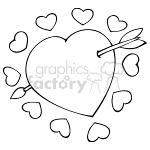 This clipart image features a large central heart with an arrow through it, surrounded by smaller hearts scattered around. The image is styled in a black and white outline, giving it a simple and clean appearance.