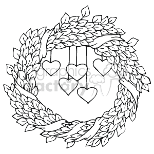 This clipart image features a wreath made of laurel or olive branches, with five hearts hanging from its center. The hearts are decorated with strings, suggesting that they are ornaments or decorations associated with the theme of love.
