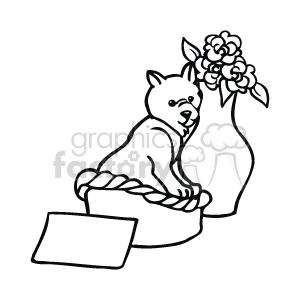 The clipart image features a cartoon-like drawing of a cat sitting inside a basket, with a vase of flowers placed next to it. There is also an empty tag or card in front of the basket, which could be used for a message or a name. The image likely represents themes of gift-giving or celebration, commonly associated with Valentine's Day or similar occasions involving expressions of love or affection.