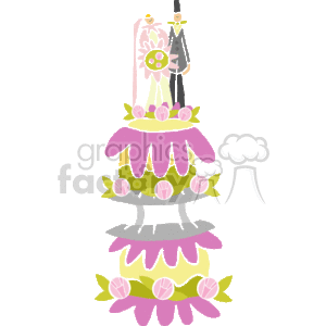 This clipart image features a multi-tiered wedding cake in a whimsical style. The cake has several layers decorated with pink drapes and adorned with pink and green floral arrangements. On top of the cake, there is a representation of a bride and groom, depicted in a stylized manner.