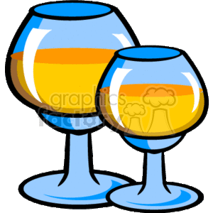 The clipart image depicts two stylized glasses, filled with a yellow-orange liquid that is likely intended to represent a beverage such as wine or champagne – common drinks at celebrations such as weddings. The glasses are clear with a simplistic design, featuring short stems and rounded bowls.