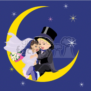 A bride and a groom sitting on a crecent moon in a starlit sky