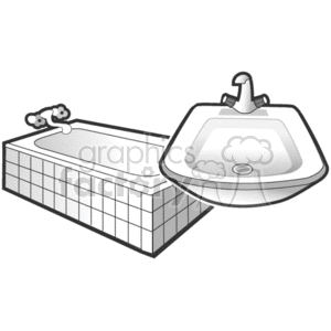 This clipart image features a bathtub and a bathroom sink. The bathtub is adorned with a tiled exterior, and there are soap bubbles depicted at one end, suggesting it's filled with water or has been recently used. The bathroom sink, also known as a washbasin, includes a faucet and is shown from a perspective that presents its basin and countertop.