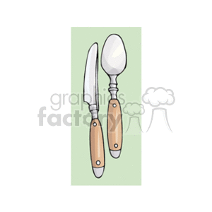 The clipart image depicts a knife and a spoon with wooden handles, representing common household kitchen silverware used for eating.