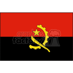 The image shows the flag of Angola. It is a horizontal bicolor with red on the top and black on the bottom, and features a yellow emblem consisting of a partial gear wheel crossed by a machete and crowned with a star.