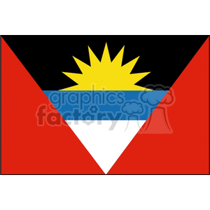 The clipart image is a stylized version of the flag of Antigua and Barbuda. The flag is characterized by a red field with an inverted isosceles triangle based on the top edge of the flag; the triangle contains three horizontal bands of black, light blue, and white with a yellow half-sun on the black band.