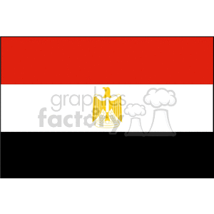 This clipart image shows the national flag of Egypt. It is characterized by three horizontal stripes of color: red on the top, white in the middle, and black on the bottom. In the center of the white stripe, there is a golden Eagle of Saladin emblem.