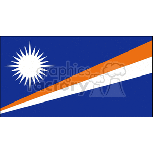 The image is a representation of the flag of the Marshall Islands. It features a deep blue background with two diagonal stripes of orange and white running from the lower hoist-side corner to the upper fly-side corner. In the upper hoist-side corner, there is a white, 24-rayed sun.