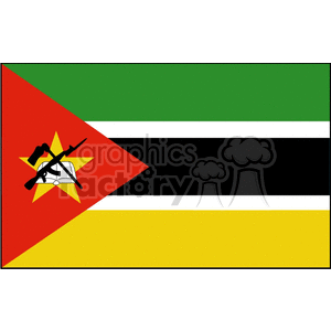 The image displays the national flag of Mozambique. The flag features horizontal stripes of green, black edged in white, and yellow with a red triangle at the hoist bearing the image of an AK-47 with a bayonet attached to the barrel and is overlaid on an open book and a hoe, all of which are superimposed over a yellow star.