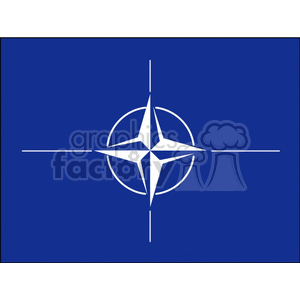 This image depicts the flag of NATO (North Atlantic Treaty Organization). It features a dark blue field with a white compass rose emblem with four white lines emanating from the four cardinal directions.