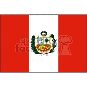 The image is a clipart representation of the flag of Peru. The flag is composed of three vertical stripes: red, white, red, with the white stripe being wider. At the center on the white stripe, there's the Peruvian coat of arms featuring a shield with a vicuña (representing fauna), a chinchona tree (representing flora), and a cornucopia spilling out coins (representing mineral resources). Surrounding the shield are a laurel wreath and a palm branch crossed at the bottom.