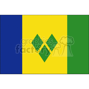 The image depicts the national flag of Saint Vincent and the Grenadines. It consists of three vertical bands of blue, yellow, and green, with three green diamonds arranged in the shape of a V in the center yellow band.