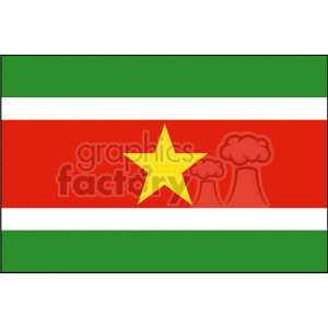 This clipart image features the flag of Suriname. The flag has five horizontal bands of green (top, double width), white (double width), red (quadruple width), white (double width), and green (double width); there is a large, yellow, five-pointed star centered in the red band.
