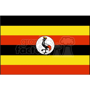 The clipart image depicts the national flag of Uganda. It consists of six horizontal stripes of black, yellow, and red repeated, with a central white circle that contains the image of a grey-crowned crane, the national symbol of Uganda.