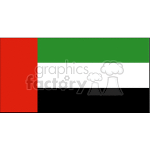 The image depicts the national flag of the United Arab Emirates (UAE). The flag includes a vertical red band on the left side, with horizontal bands of green, white, and black to the right.