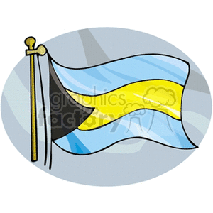 This clipart image features a stylized illustration of the national flag of The Bahamas. The flag is depicted as flowing or waving and is mounted on a flagpole with a decorative finial at the top. The flag consists of three horizontal stripes of aquamarine, gold, and aquamarine, with a black equilateral triangle on the hoist side pointing toward the fly end. The image is on a grey, circular background that suggests it might be a button or icon.