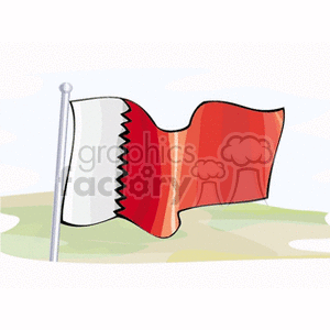 This clipart image features the national flag of Bahrain on a flagpole. The flag is shown with a white band on the left with five triangular points or serrations that separate it from the red area on the right, which symbolizes the Khareef, or autumn winds that cause Bahrain's seas to turn red due to the abundance of plankton.