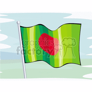 This clipart image depicts the national flag of Bangladesh. It features a red circle on a green field, which is representative of the sun rising over Bengal, as well as the blood of those who died for the independence of Bangladesh. The flag is shown with a wavy effect, suggesting it is fluttering in the wind, and is mounted on a flagpole. The background indicates a stylized outdoor setting with blue skies and clouds.