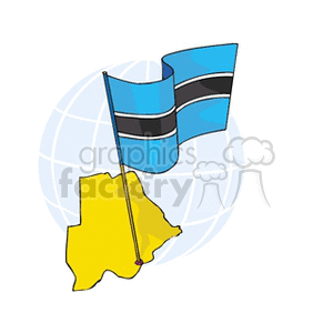 The clipart image features the national flag of Botswana on a flagpole. The flag has a light blue field with a horizontal black stripe centered with a thin white frame. Behind the flag and partially obscured by it is what appears to be a stylized yellow outline of Botswana on top of a globe graphic, suggesting international context or geographical location.