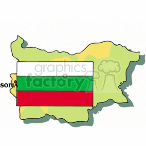The image depicts a stylized map of Bulgaria in greenish and yellow tones overlaid with the Bulgarian national flag, which has three horizontal stripes of white, green, and red from top to bottom.