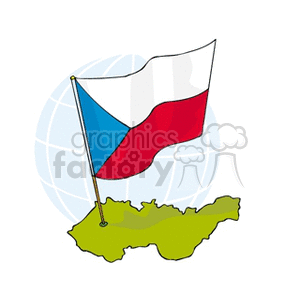 The clipart image features the national flag of the Czech Republic, which consists of two horizontal bands of white and red with a blue triangle extending from the hoist side. The flag is placed on a pole and is superimposed onto a graphic representing a green outline of the Czech Republic's map. Behind the map, partially visible, is a simplified depiction of the globe with meridians and parallels.
