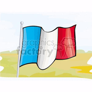 The clipart image features a stylized depiction of the French flag. The flag consists of three vertical bands of blue, white, and red. The flag is shown waving and mounted on a flagpole. In the background, there is an abstract representation of a landscape with greenery and what could be perceived as a sky.