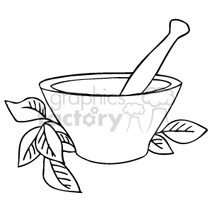 The image depicts a mortar and pestle with a few leaves around it. The mortar is a bowl, usually made of hard wood, metal, ceramic, or hard stone such as granite. The pestle is a heavy and blunt club-shaped object, the end of which is used for crushing and grinding. The leaves suggest that the mortar and pestle could be used for grinding herbs, which is common in both cooking and medicine.