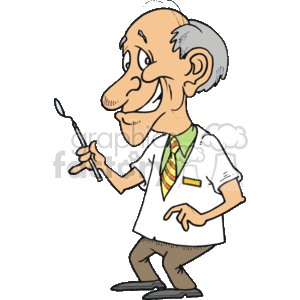 The clipart image depicts a cartoon of an elderly male dentist. He is standing, wearing a white lab coat with a visible name tag and a colorful striped tie. The dentist has a bald head with some grey hair on the sides and a large hooked nose. He is smiling and holding a dental mirror, a common tool used for examining teeth. He appears friendly and approachable.