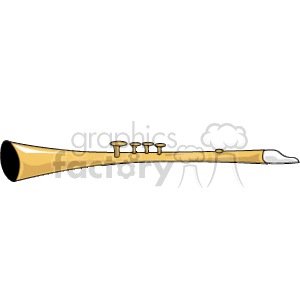 This clipart image depicts a single brass flute, a musical instrument. It has a long cylindrical shape with a flared end and is fitted with keys along the body.