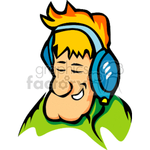 The image depicts a stylized cartoon character with yellow hair, headphones and a green shirt, who seems to be enjoying music.