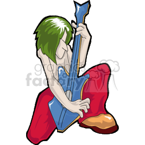 The image depicts a cartoon of a character with green hair playing a blue electric guitar. The musician is kneeling on one knee and appears to be energetically engaged in playing the guitar. The cartoon style is bold and colorful, with the character dressed in red and blue, likely representing a rocker or a musician performing.
