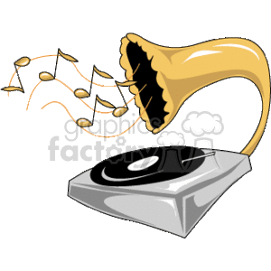 The image shows a stylized representation of a record player with a vinyl record on the turntable and a horn speaker from which musical notes are emanating. The artwork gives off a vintage or retro vibe, implying the classic method of playing music through records.