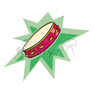 The clipart image shows a tambourine, which is a type of percussion musical instrument. The tambourine is depicted with a red frame adorned with yellow spots or crescents, and a white drumhead. It's set against a stylized green starburst background, which adds a dynamic effect to the image, suggesting the vibrancy of music or perhaps the sound waves emanating from playing the instrument.