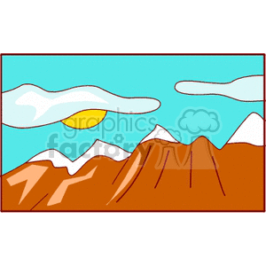 Snow capped mountains with sun and clouds in a blue sky