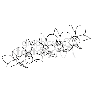 This is a black and white clipart image of a branch with flowers. The flowers have prominent petals and are spaced along the stem with leaves interspersed.